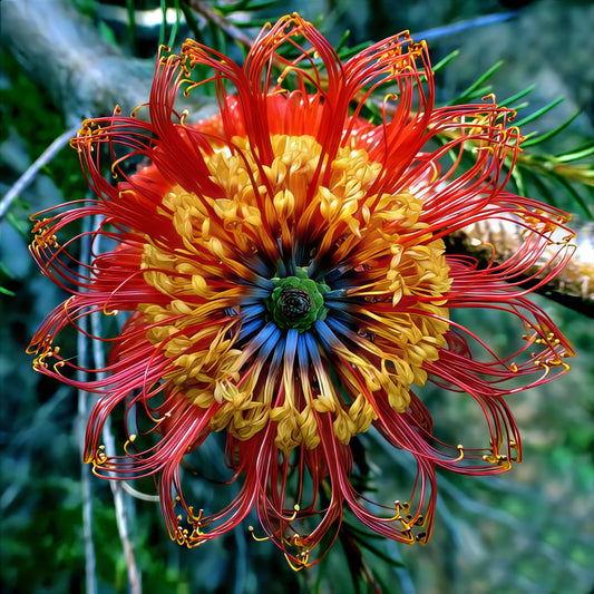 Colorful Little Eric Banksia erictifolia flower-like sculpture with red, yellow, and blue petals against a green background