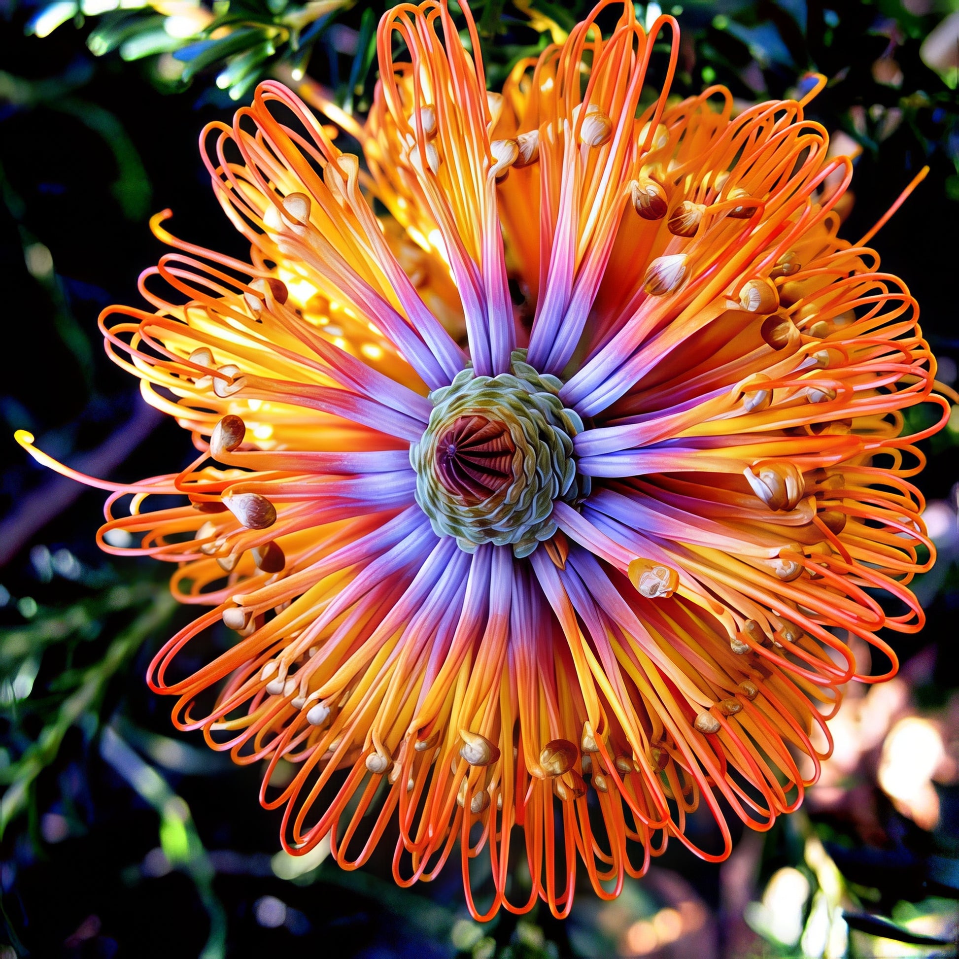 Close-up of a colorful Little Eric Banksia erectifolia flower with orange, purple, and yellow petals.
