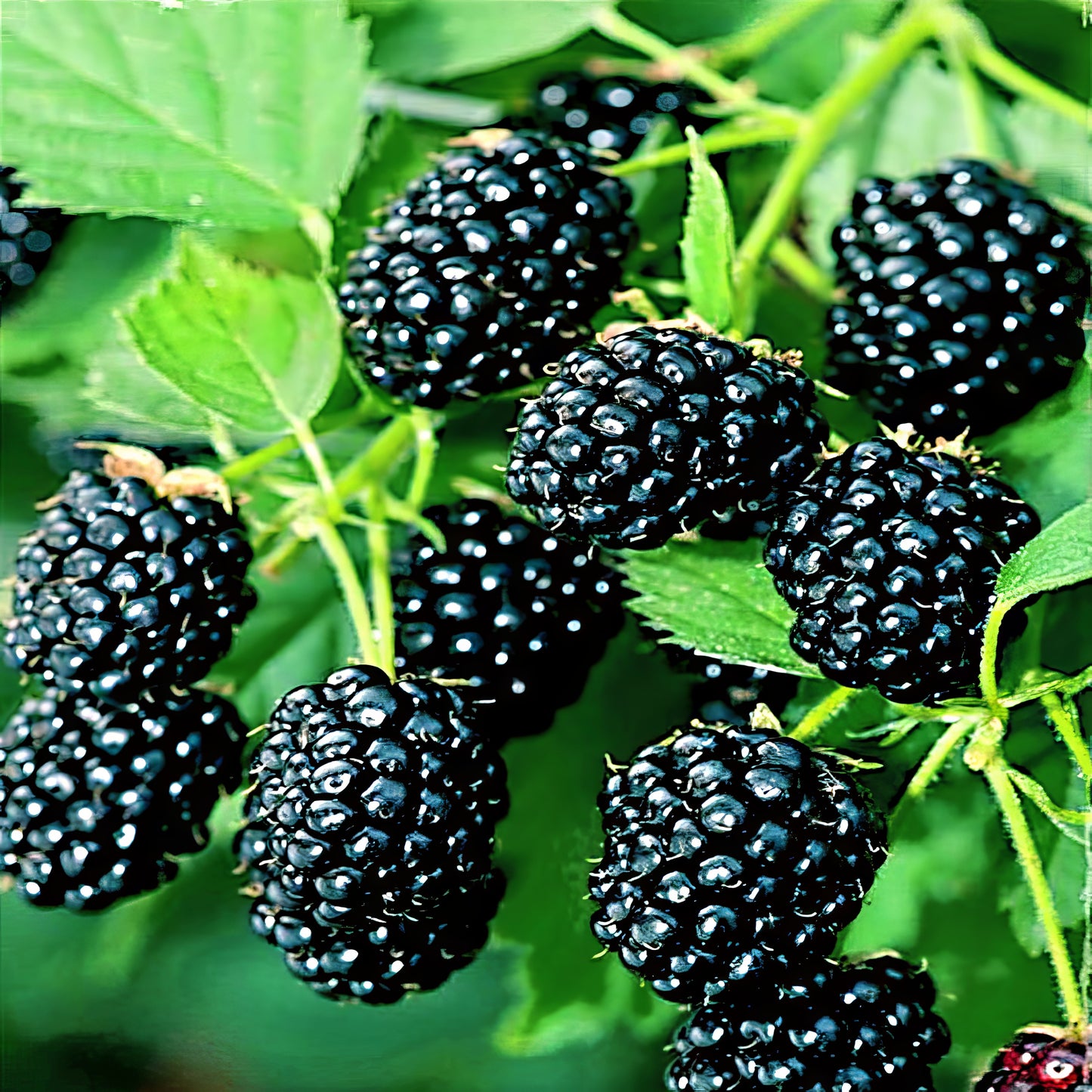 Close-up of Allegheny blackberries on a green leafy background. (Rubus allegheniensis)