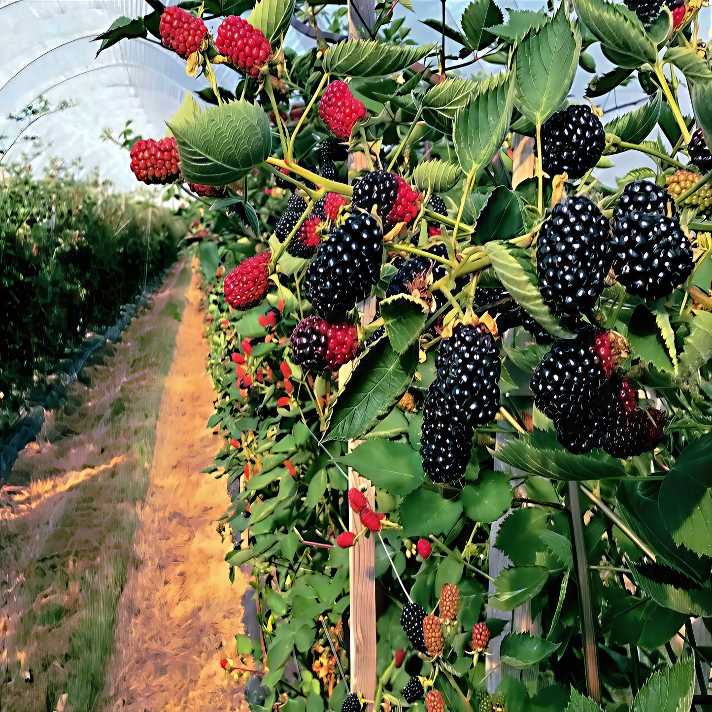 Allegheny Blackberries growing on a bush with a blurred background of a garden.