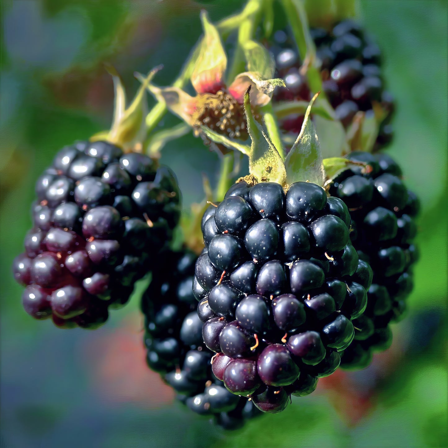 Close-up of blackberries on a green plant with a blurred background. (Rubus allegheniensis)