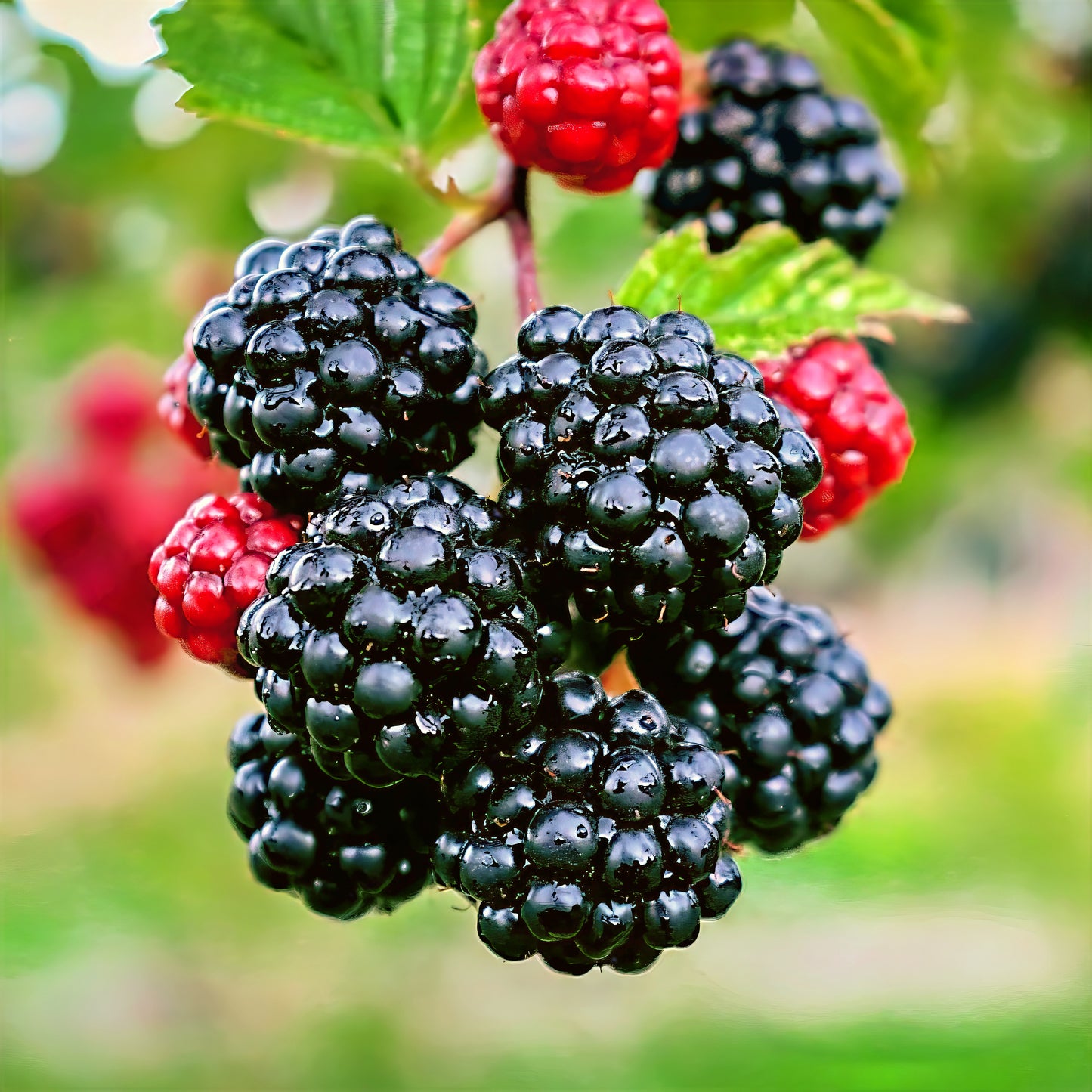Close-up of Allegheny blackberries on a branch with a blurred green background. (Rubus allegheniensis)