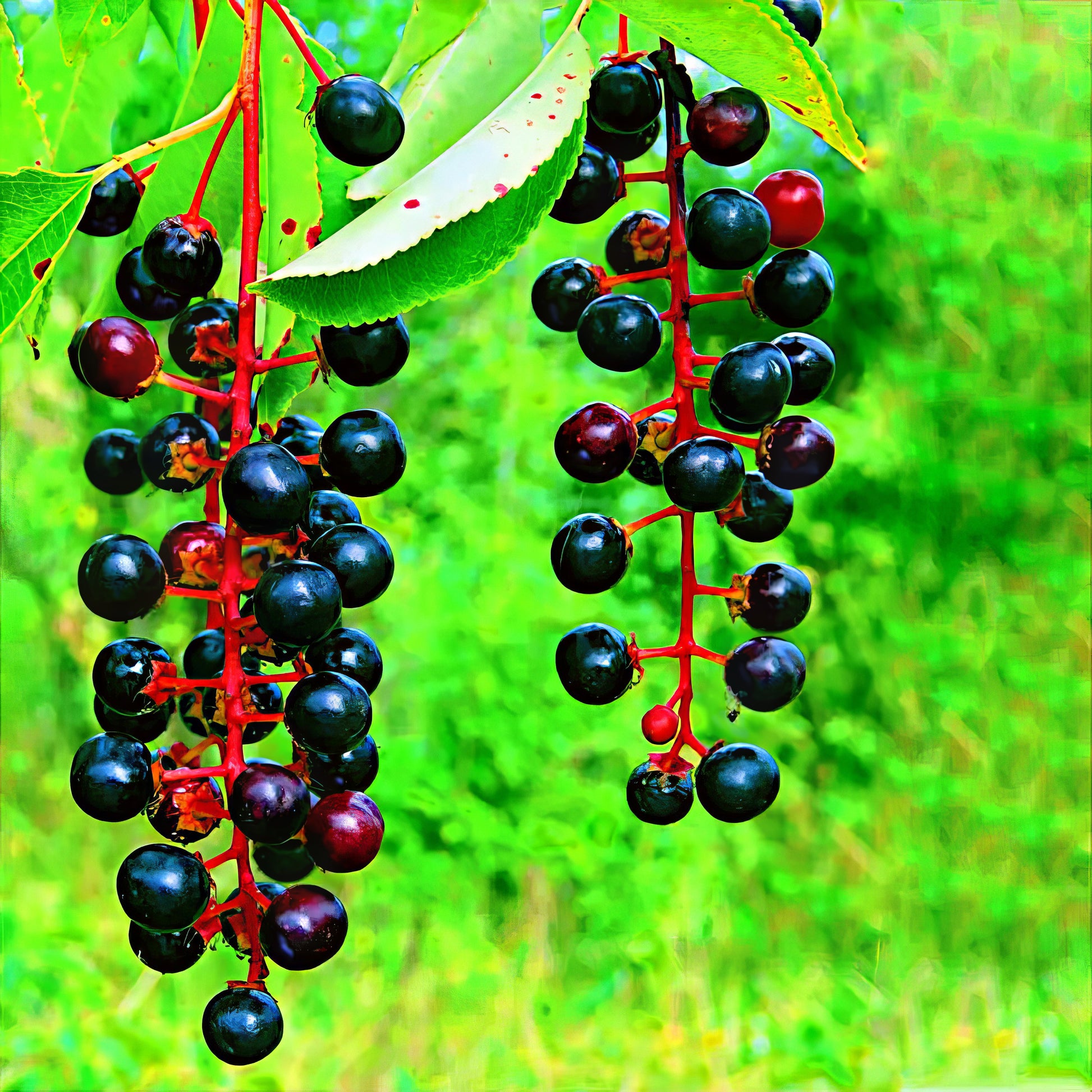 Black cherries hanging from black cherry tree with green background. 