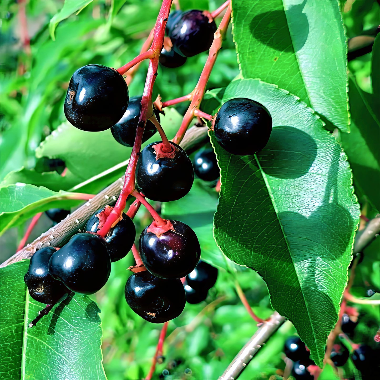 Black cherries hanging on black cherry tree with green leaves. (Prunus serotina)