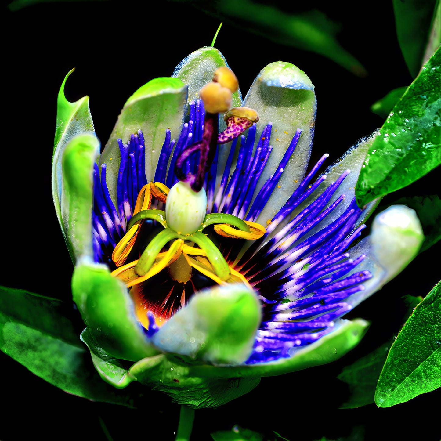 Close-up of a blue passionflower with vibrant purple and green petals.