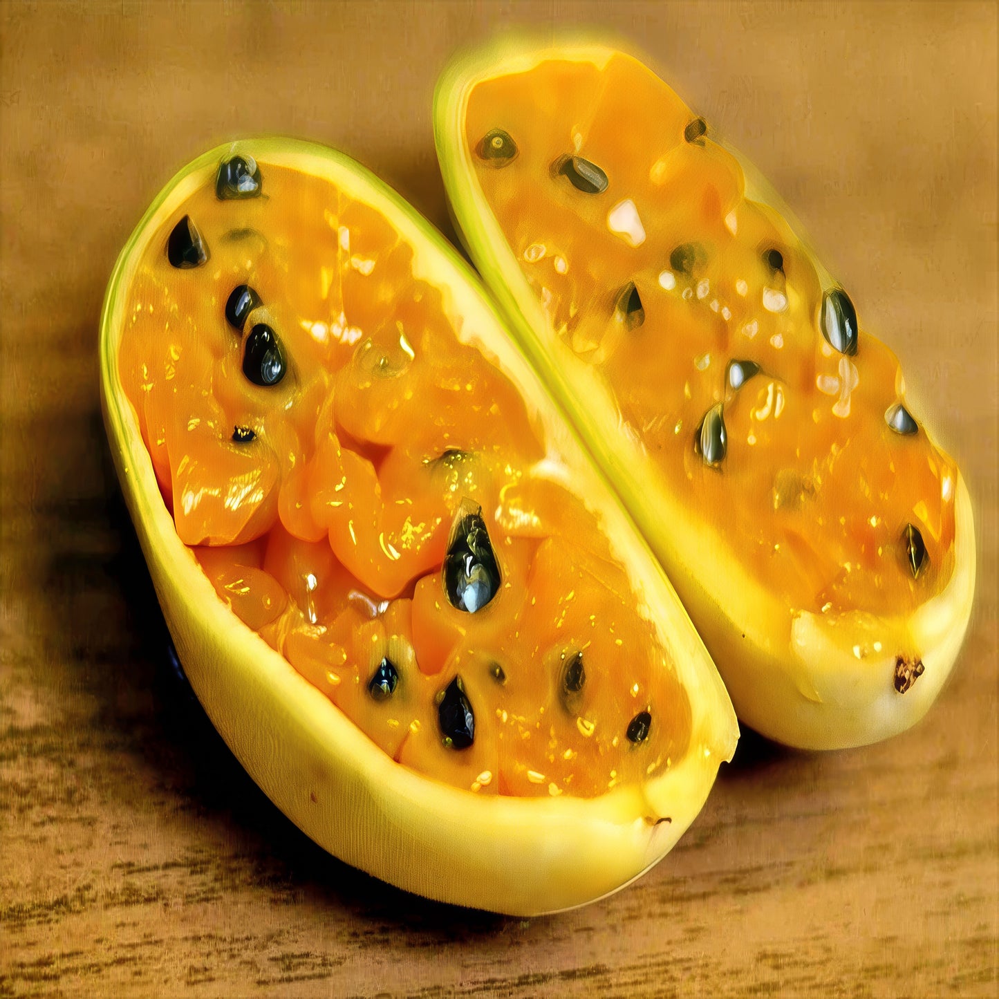 Split view of Banana passionfruit showing yellow fruit and black seeds inside. (Passiflora mollissima)