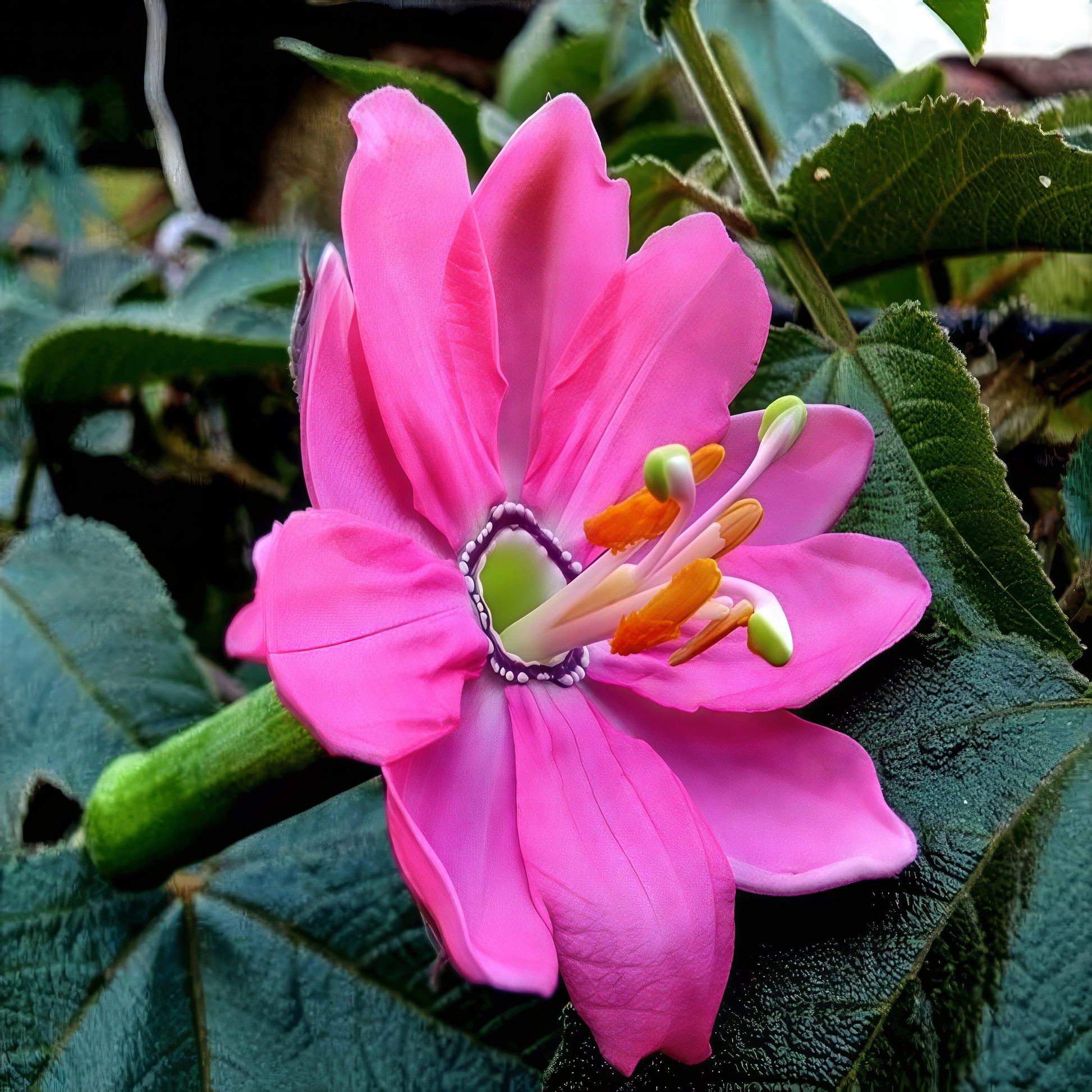 Large pink banana passionfruit flower blooming with green leaves in background. 