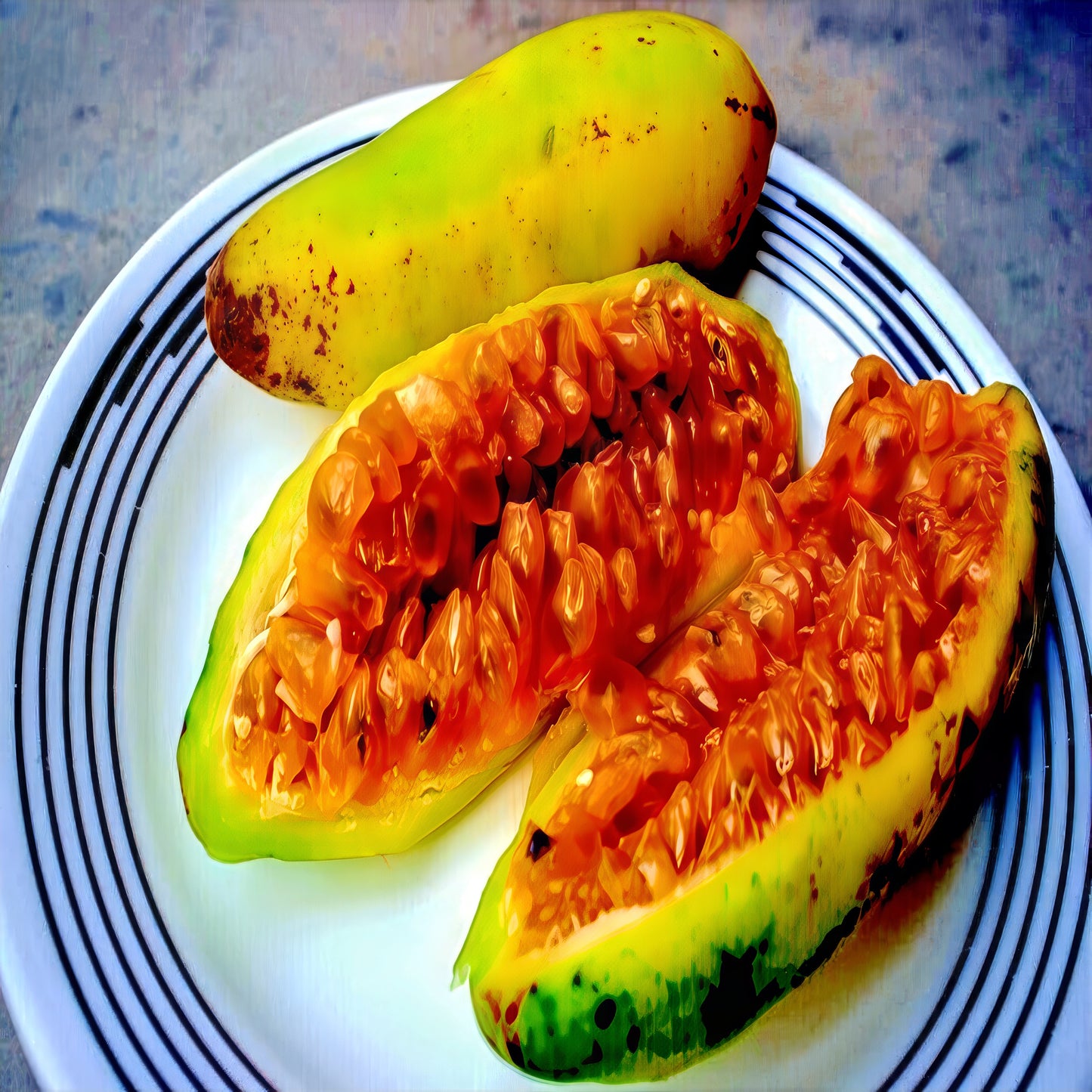 Banana passionfruit split in half with yellow fruit inside on white plate. (Passiflora mollissima)