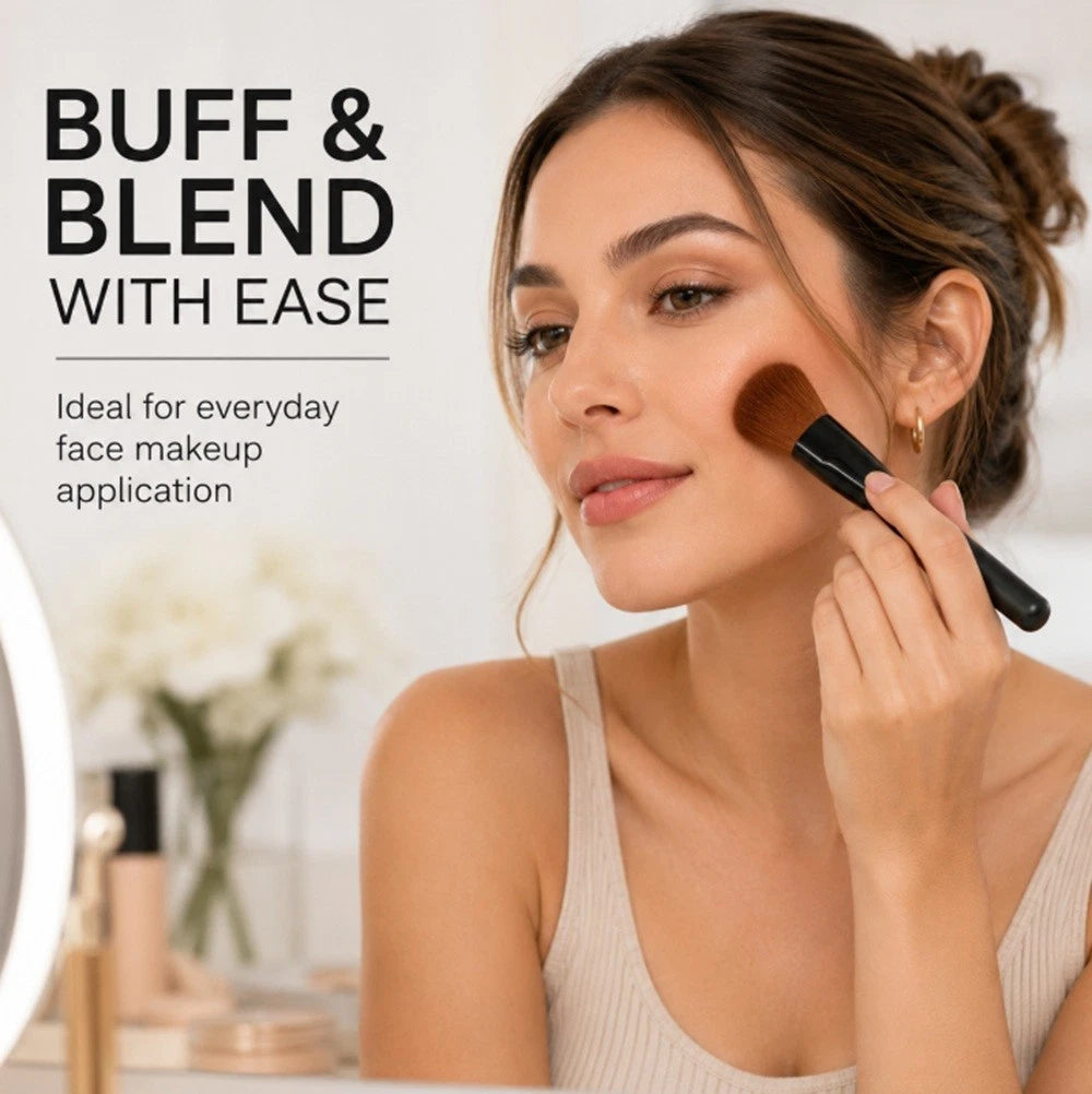 A woman applies makeup with a brush to her cheek in a bright indoor setting. Large text on the left reads 'BUFF & BLEND WITH EASE' and 'Ideal for everyday face makeup application.