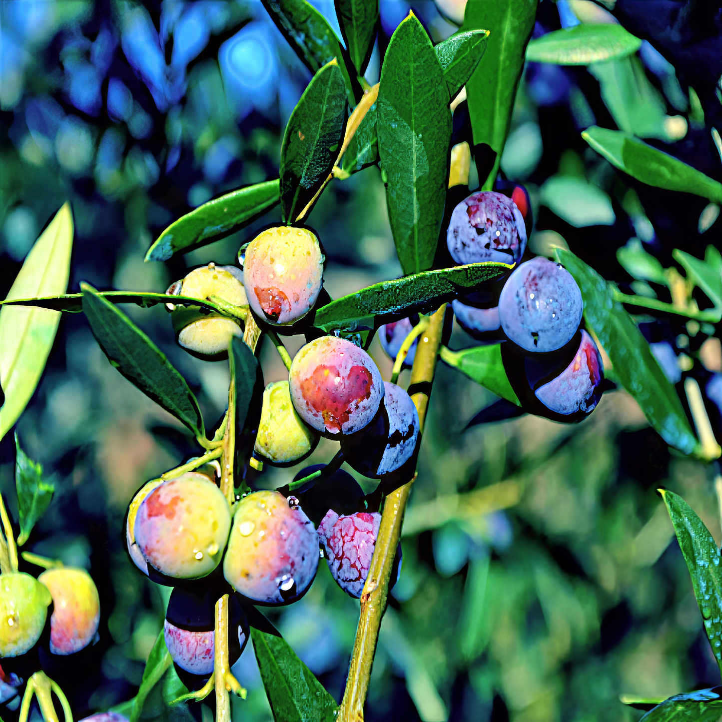 Canino olives hanging from branch with green leaves.