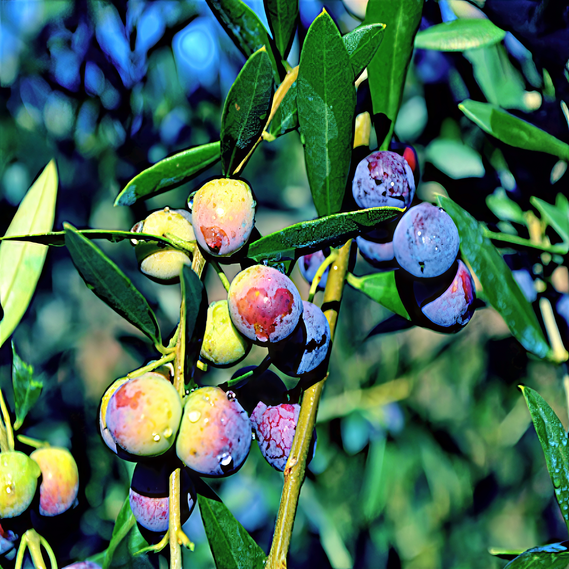 Canino olives hanging from branch with green leaves.