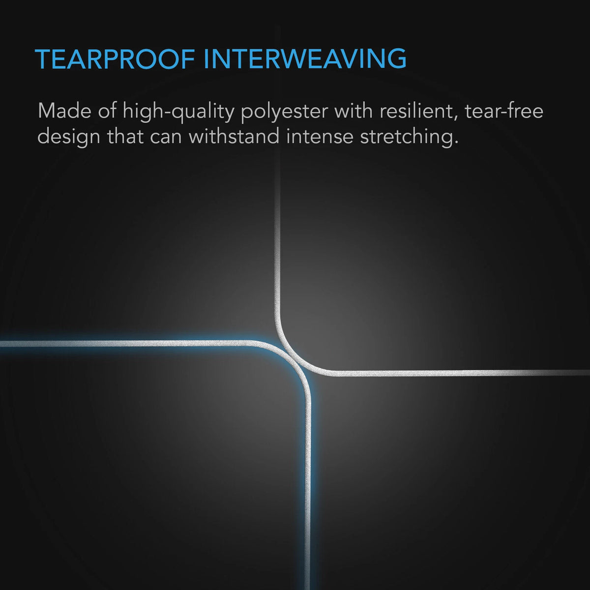 Text on a dark background describing tearproof interweaving trellis polyester material.
