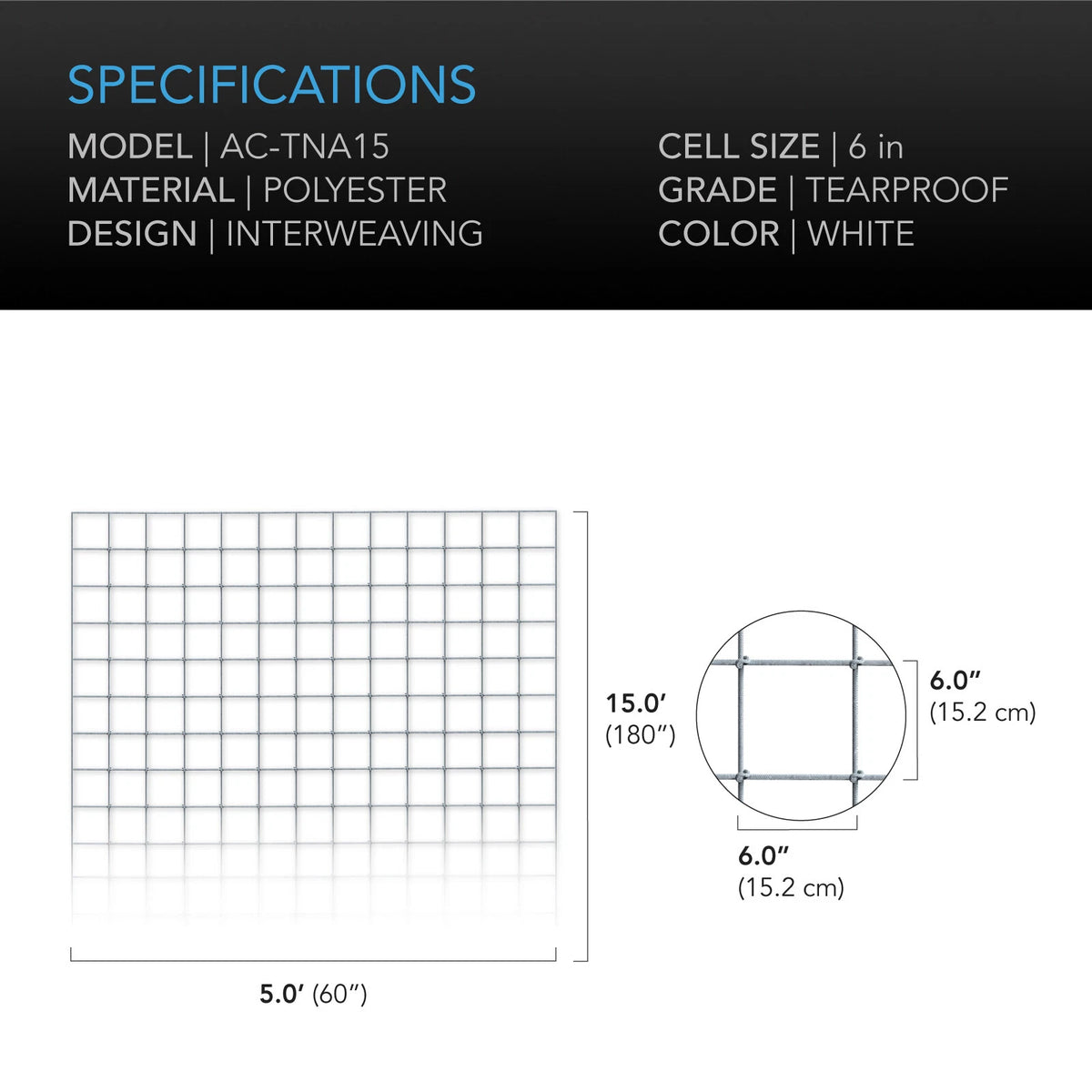 Specification and measurement graphic for a white grid-patterned polyester tapestry. The image displays the product's dimensions (5.