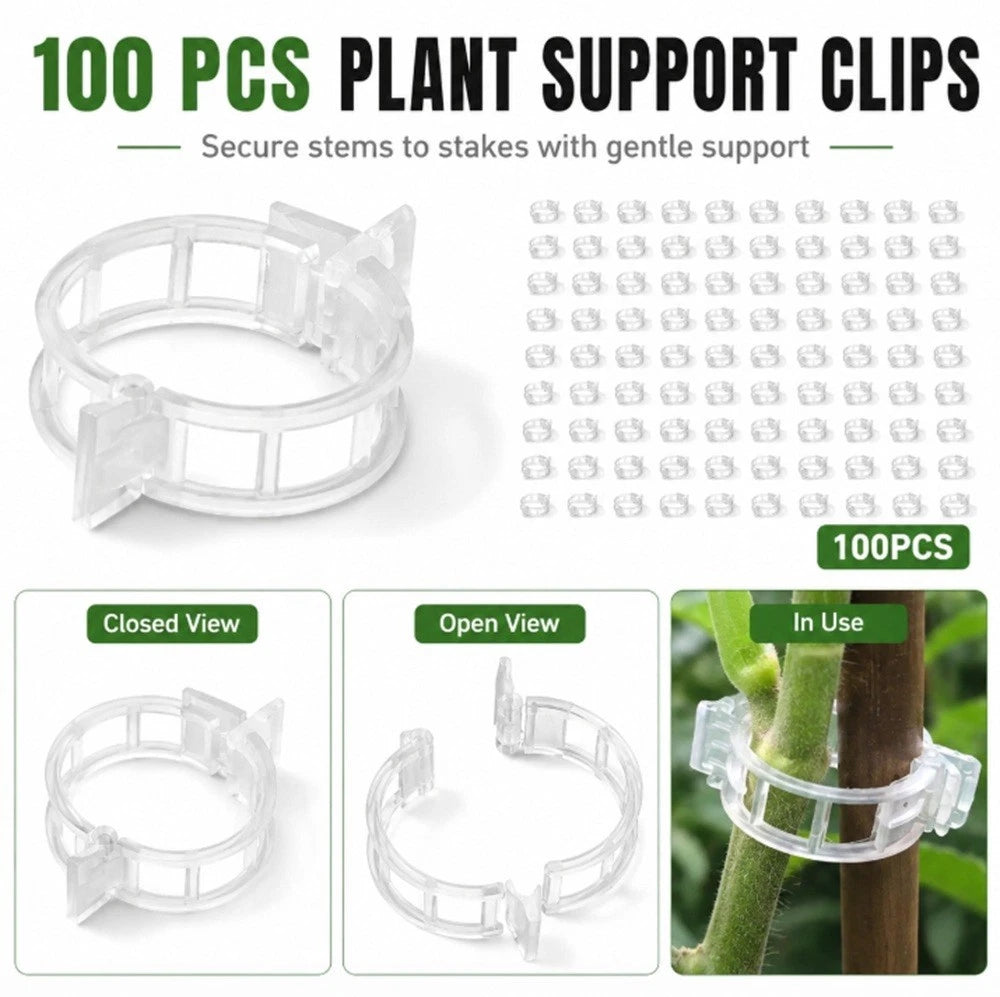 100 PCS Plant Support Clips with packaging and usage examples on a white background