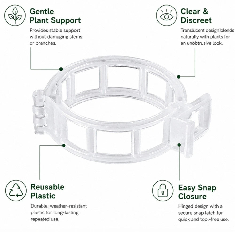 Clear plastic plant support clip with features listed on a white background