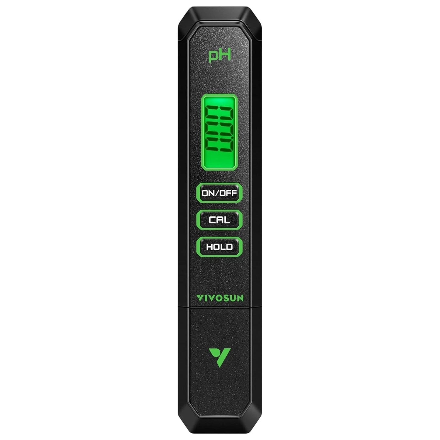 Black and green VIVOSUN pH meter with digital display on a white background