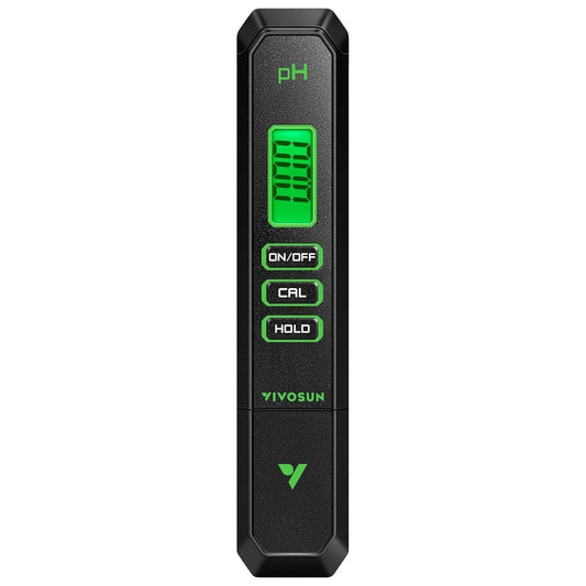 Black and green VIVOSUN pH meter with digital display on a white background