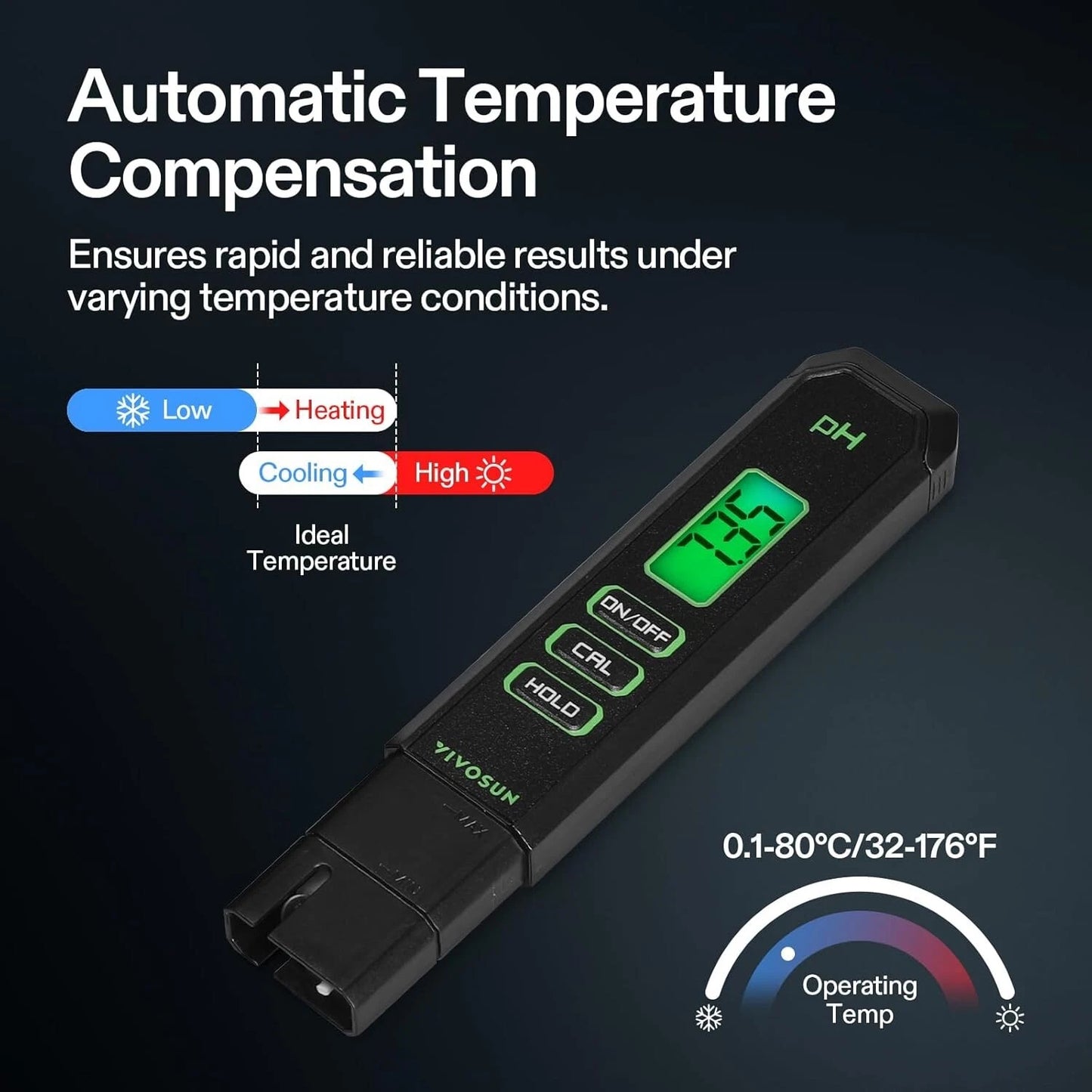 Digital pH meter with temperature compensation feature on a dark background