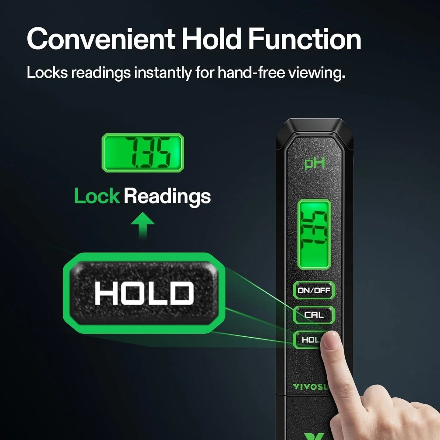 Digital pH meter with 'Hold' function feature on a dark background