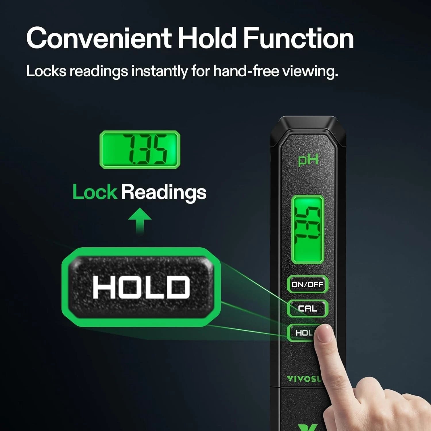 Digital pH meter with 'Hold' function feature on a dark background