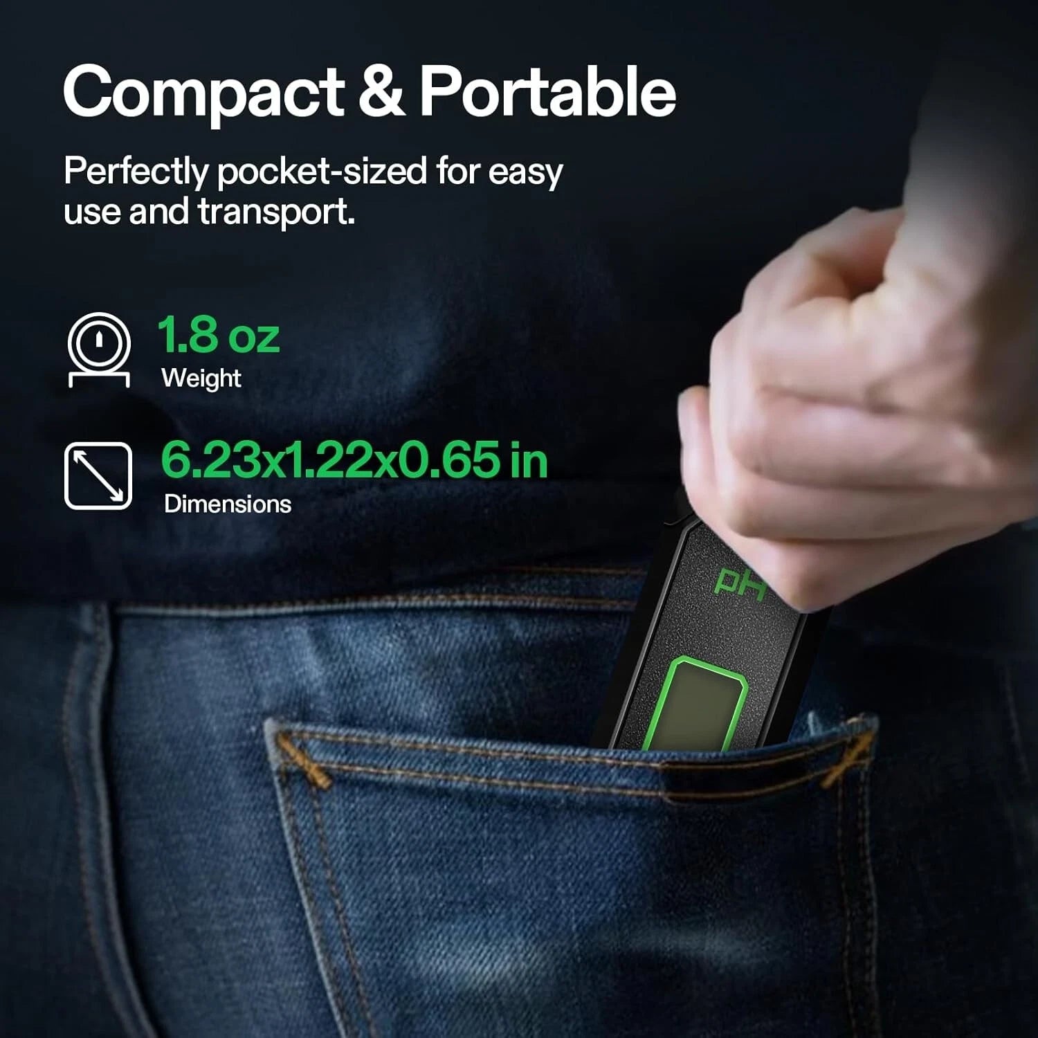 Small water pH meter device being placed in a pocket with text highlighting its compact size and weight.