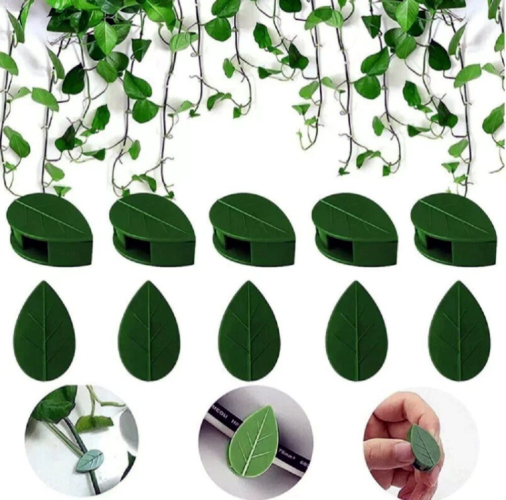 Set of green leaf-shaped plant wall clips with additional leaves and a hand holding one, on a white background.