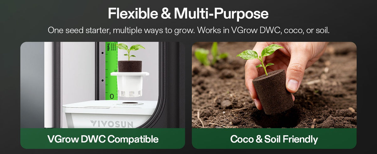 Promotional graphic for a flexible, multi-purpose seed starter plug. The left panel shows the VGrow DWC-compatible seed starter with a small green plant, and the right panel shows a hand holding a small soil plug with a sprout in soil, labeled 'Coco & Soil Friendly'.