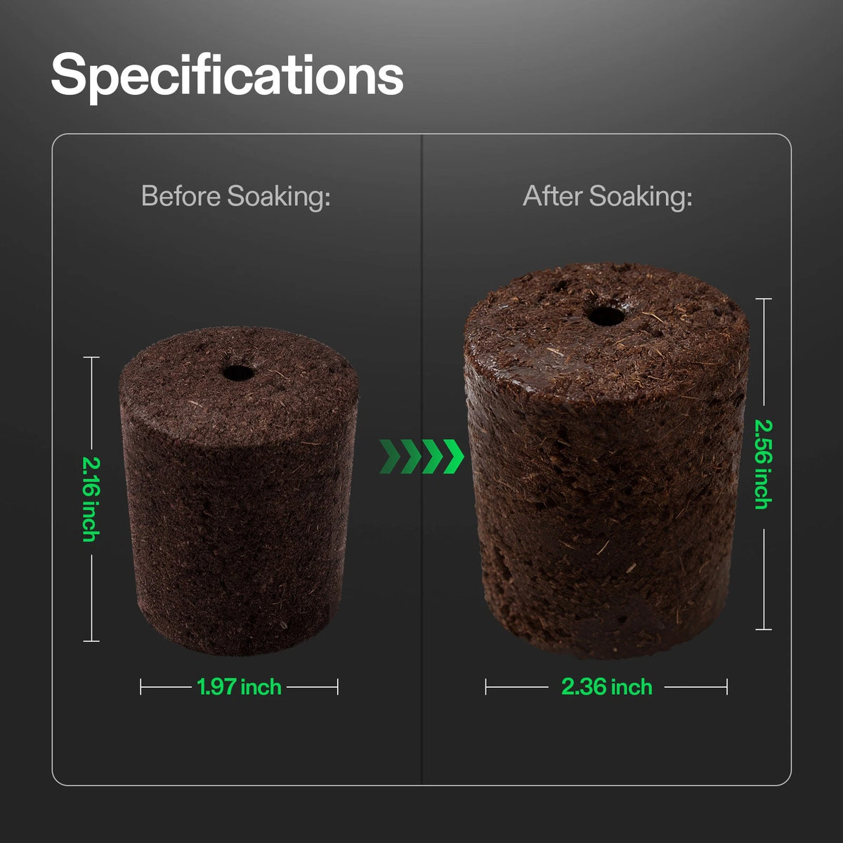 Specification comparison graphic showing a cylindrical brown VIVOSUN seed starter plug or potting medium labeled 'Before Soaking:' on the left and 'After Soaking:' on the right, with dimensions in green text on a dark gray background.