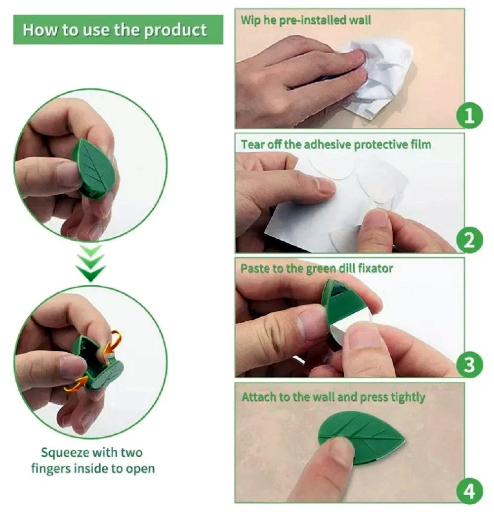 Step-by-step instructions on how to use a green plant wall clip mount with close-up views of hands performing actions.