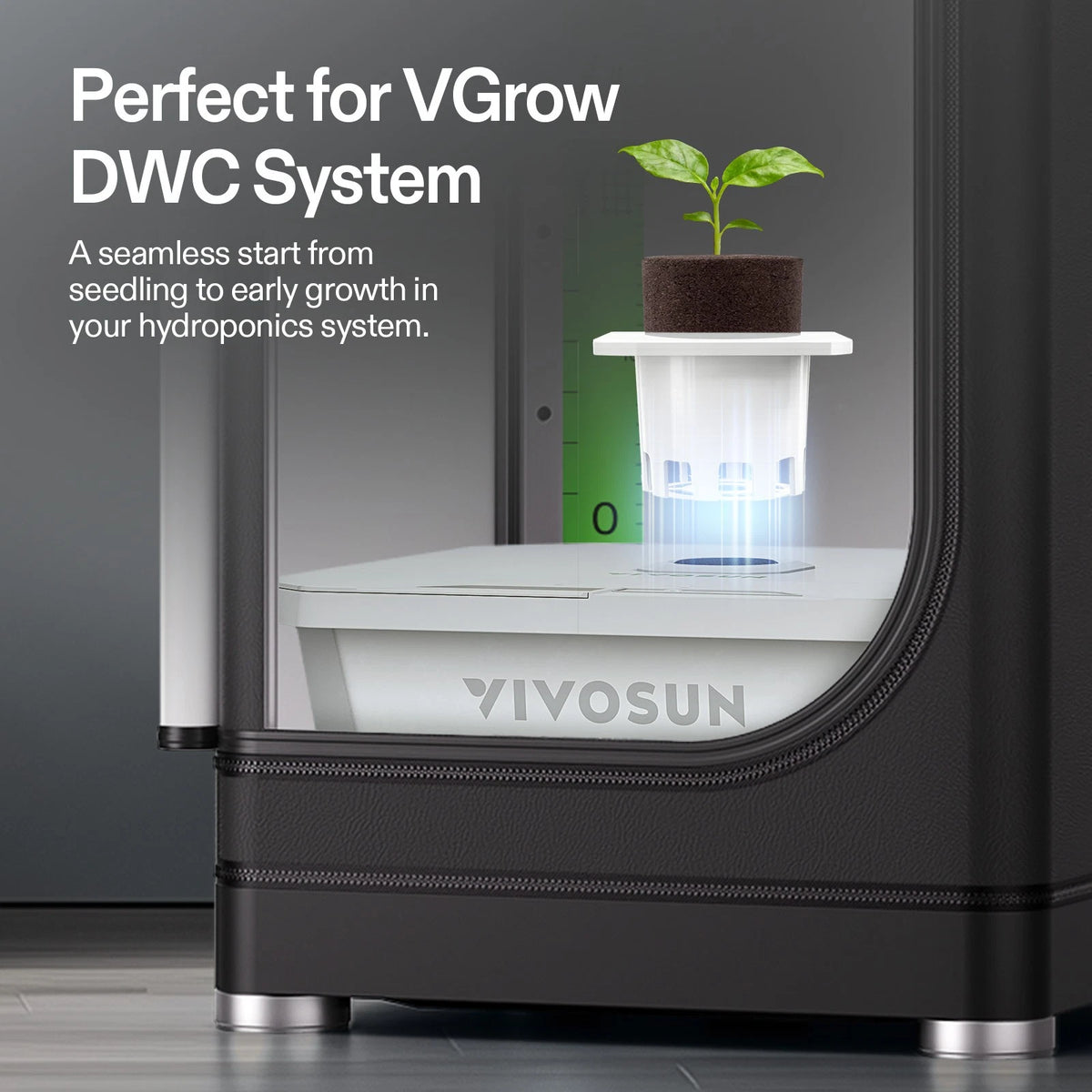 VIVOSUN DWC system with a plant growing inside plant rooter plug on top, suitable for hydroponic gardening.