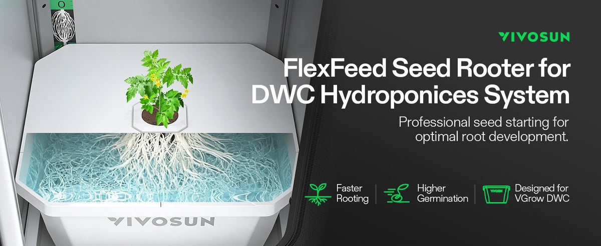 VIVOSUN FlexFeed Seed Rooter for DWC Hydroponics System shown installed inside a white hydroponic tray with visible roots and a small green plant, on a dark promotional background with product text and feature icons.