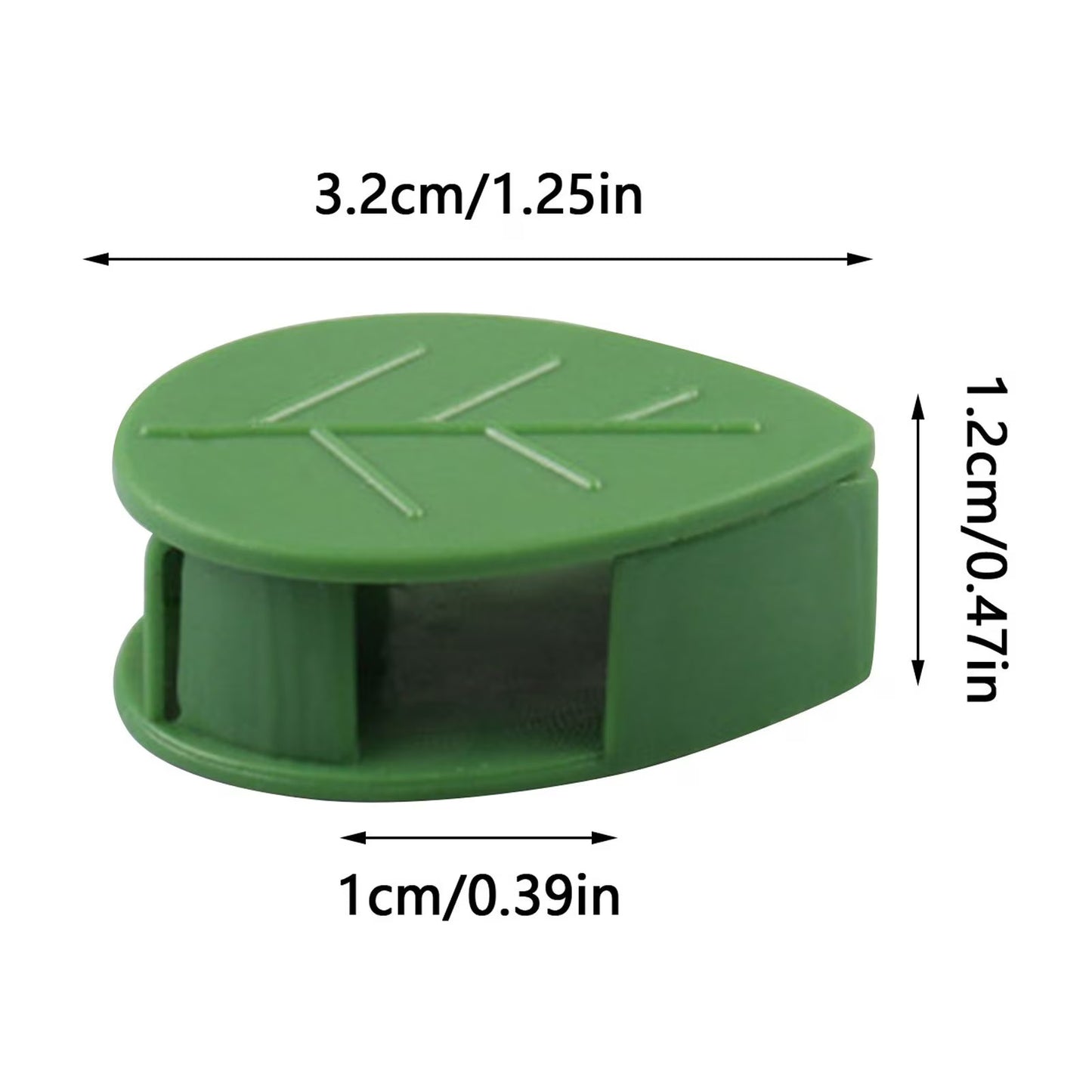 Green plastic plant wall clip support with dimensions labeled on a white background