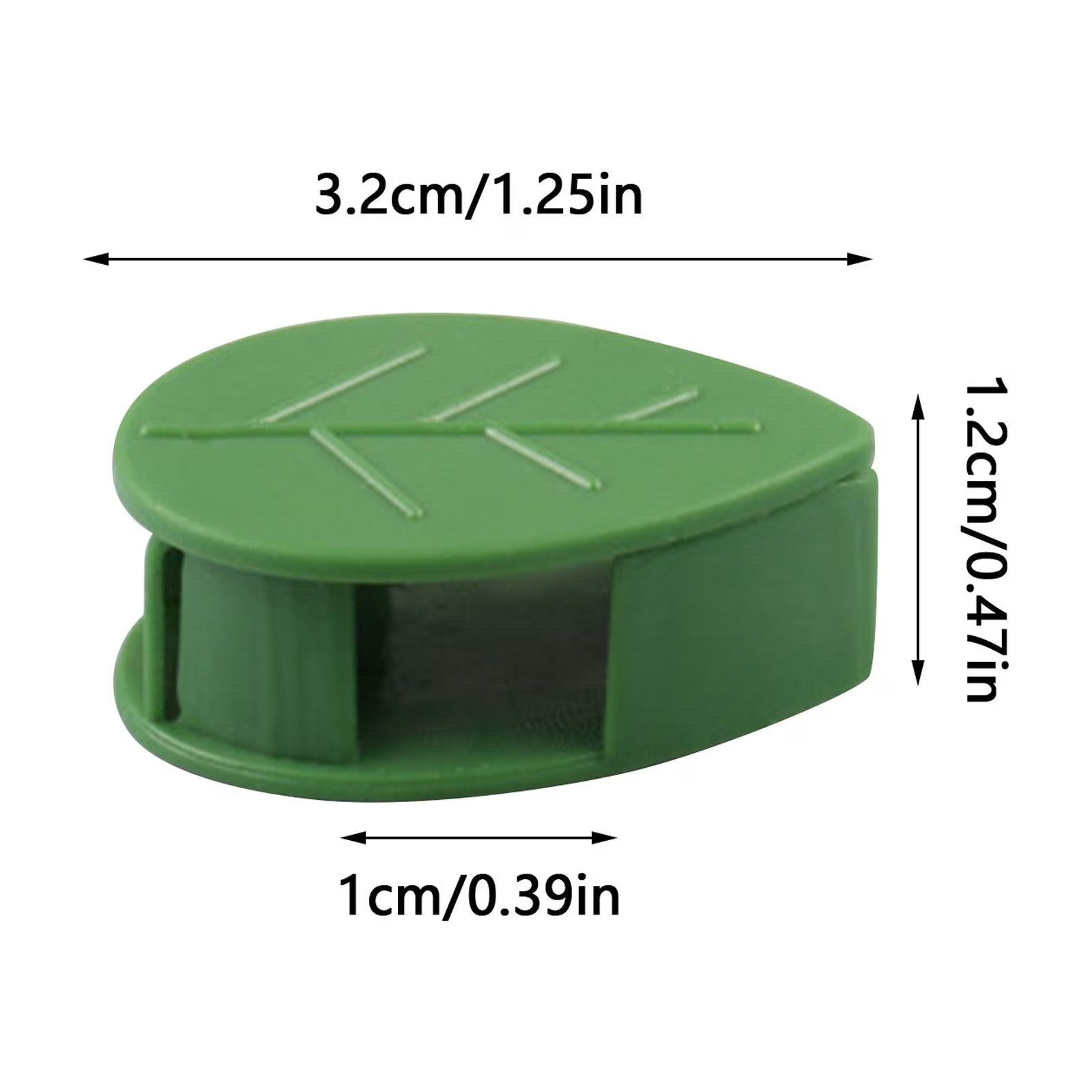 Green plastic plant wall clip support with dimensions labeled on a white background