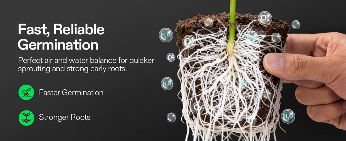 A hand holds a small plant growing inside VIVOSUN seed rooter plug with exposed white roots and dark soil against a dark background, with marketing text on the left reading 'Fast, Reliable Germination' and bullet points about faster germination and stronger roots.