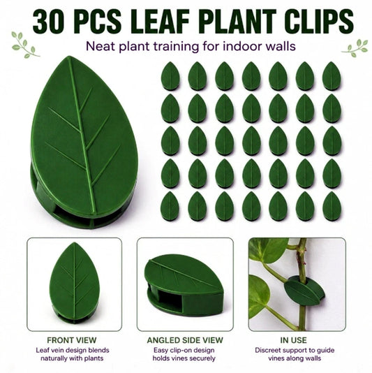 30 PCS Leaf Plant wall mount clips with packaging and usage examples on a white background