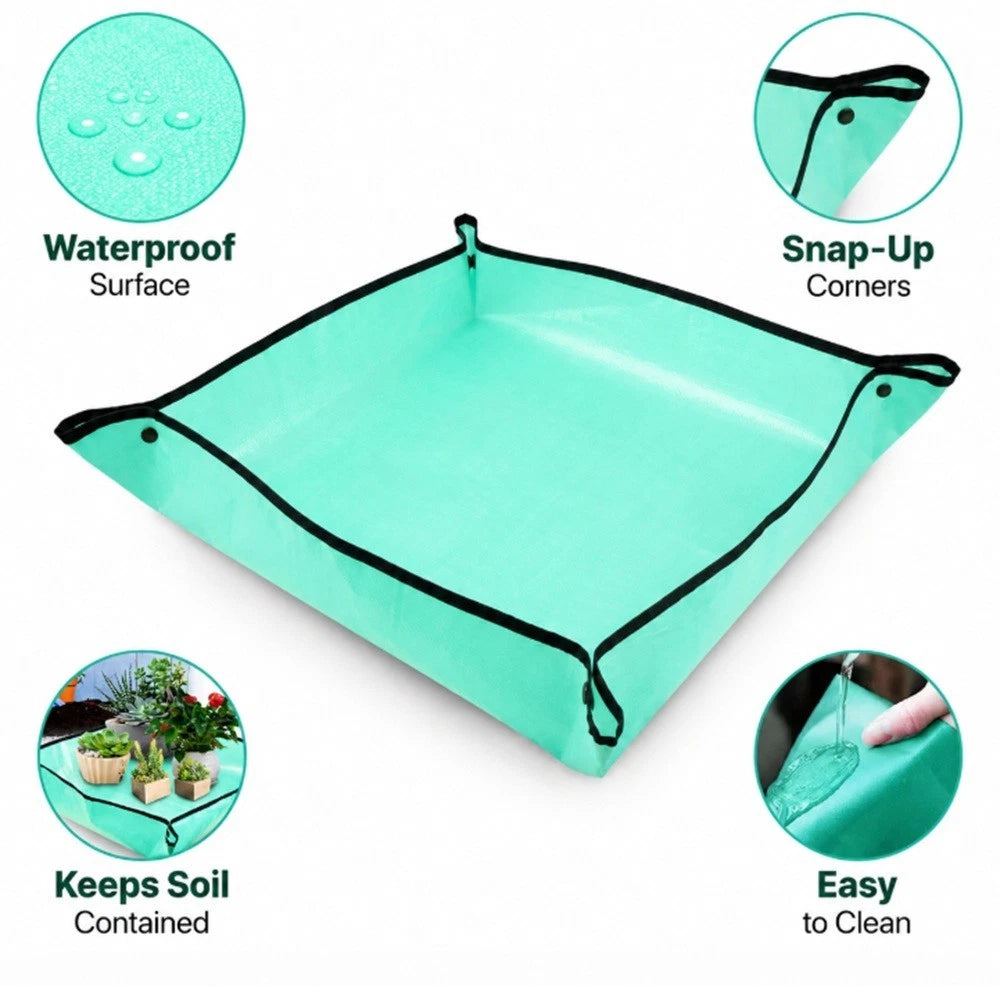 Teal repotting mat with features highlighted on a white background