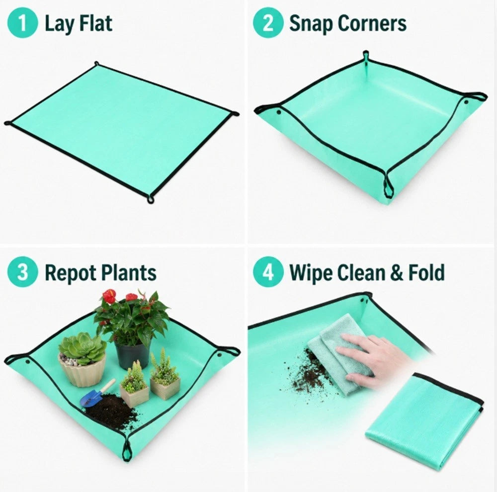 Step-by-step guide on using a green plant repotting mat with text instructions.