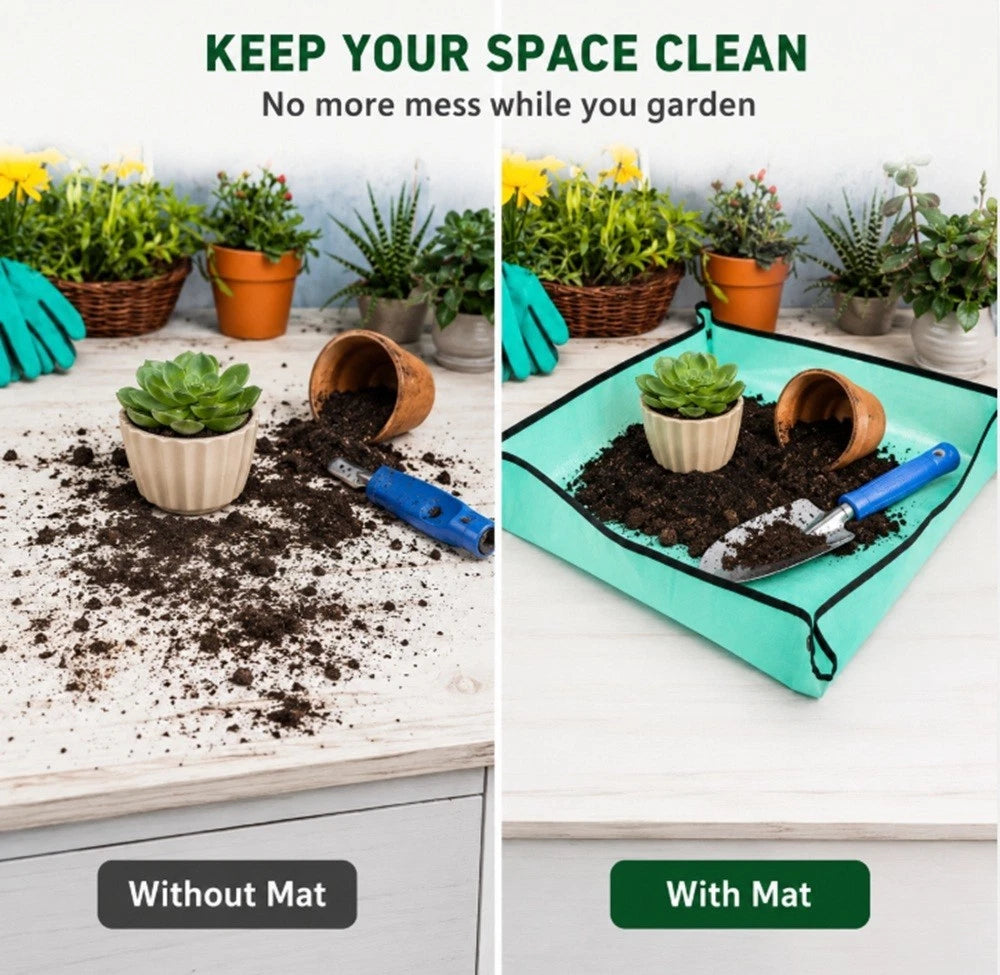 Gardening mat comparison showing mess before and after using a plant repotting mat.
