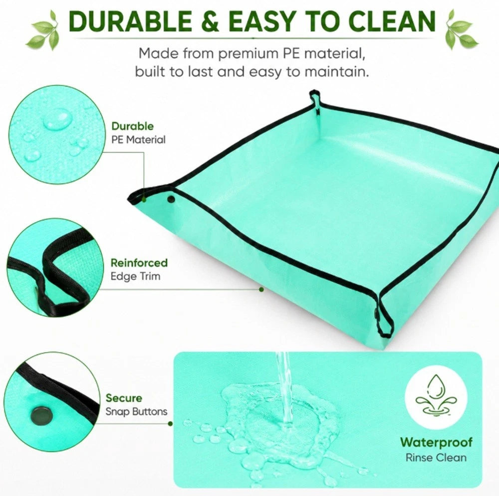 Teal plant repotting mat with durability and cleaning features highlighted on a white background