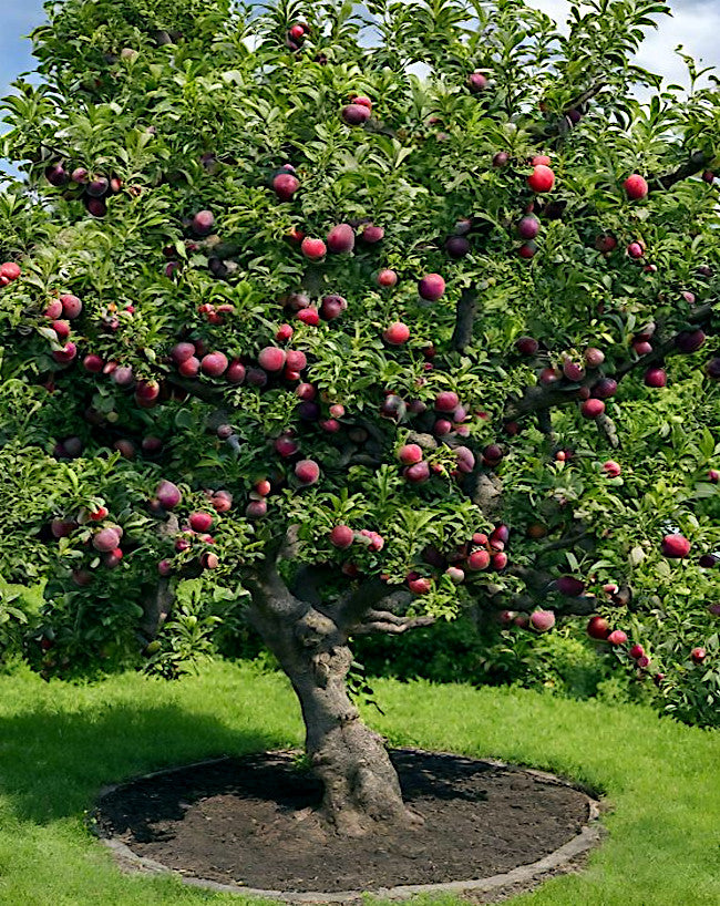 American plum tree with fruits in yard landscape. 