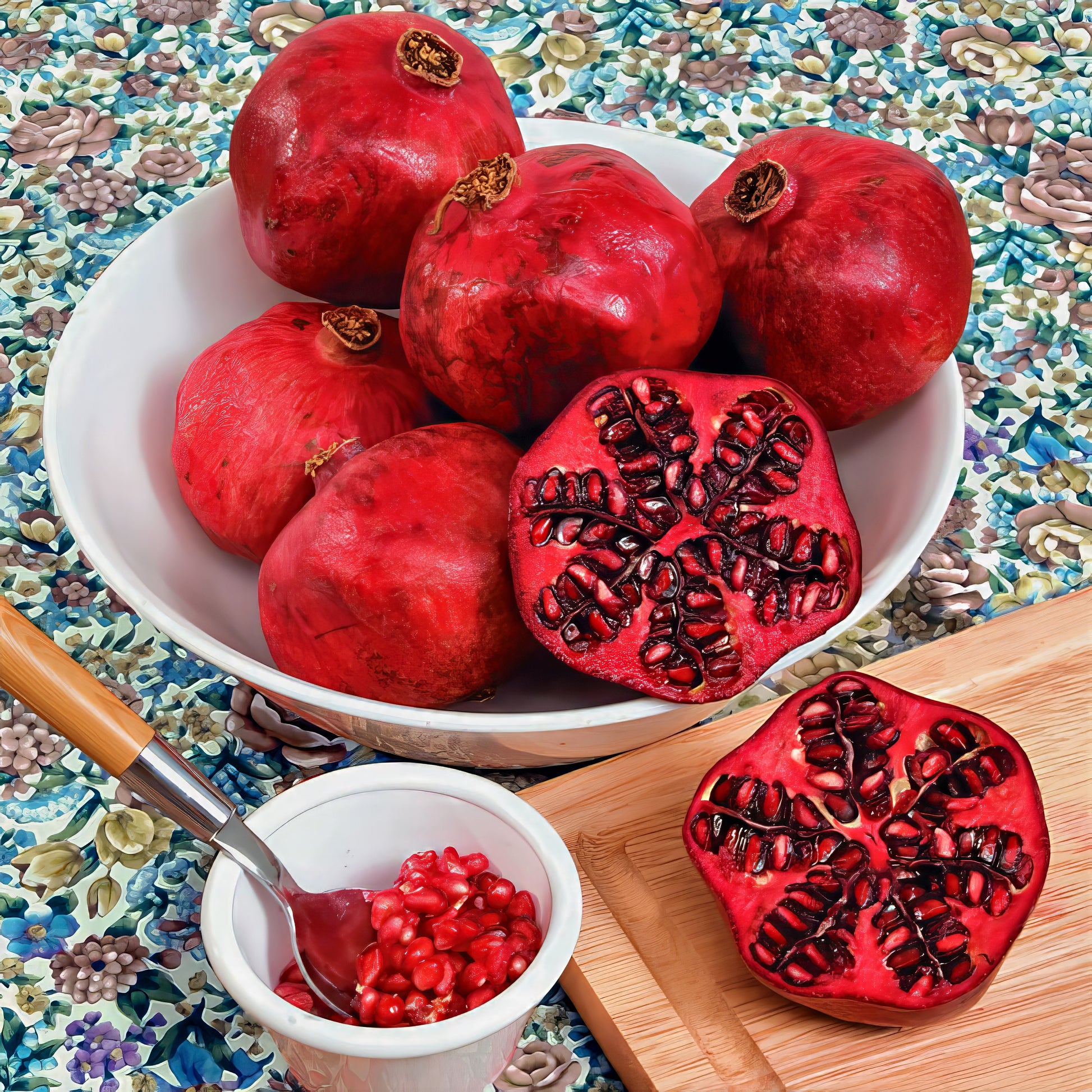 Pomegranates in a bowl with one cut open on a wooden surface, against a floral-patterned background.