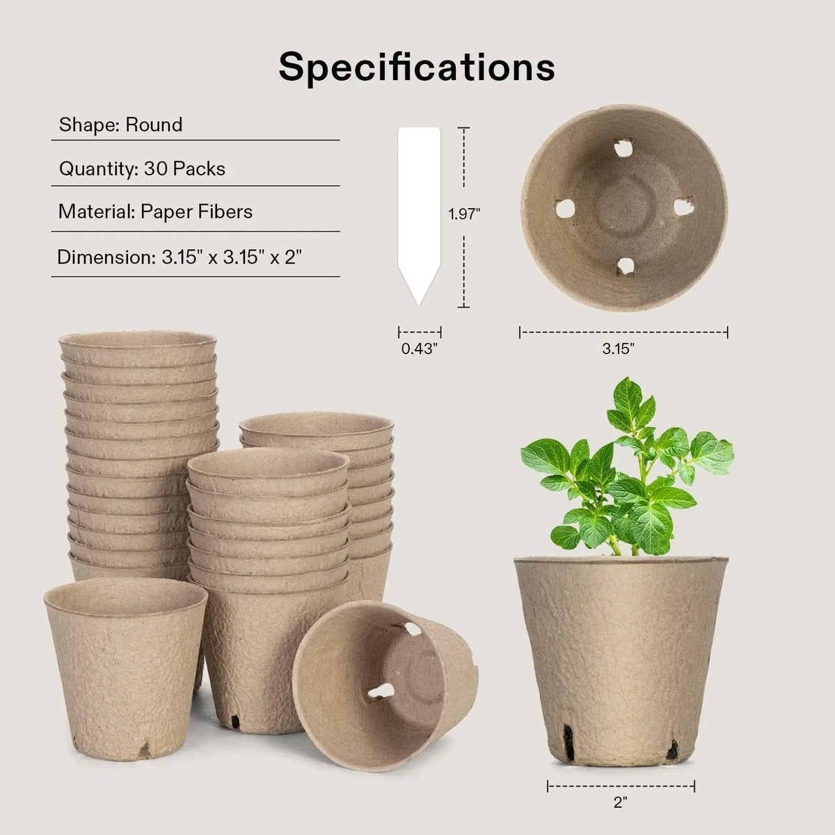 Biodegradable paper pots with specifications on a light gray background
