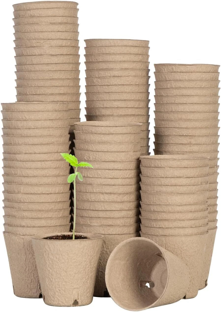 A set of biodegradable brown paper seed starter pots, shown in various sizes stacked vertically, with one pot containing a small green seedling and another pot lying on its side to show the hollow interior.