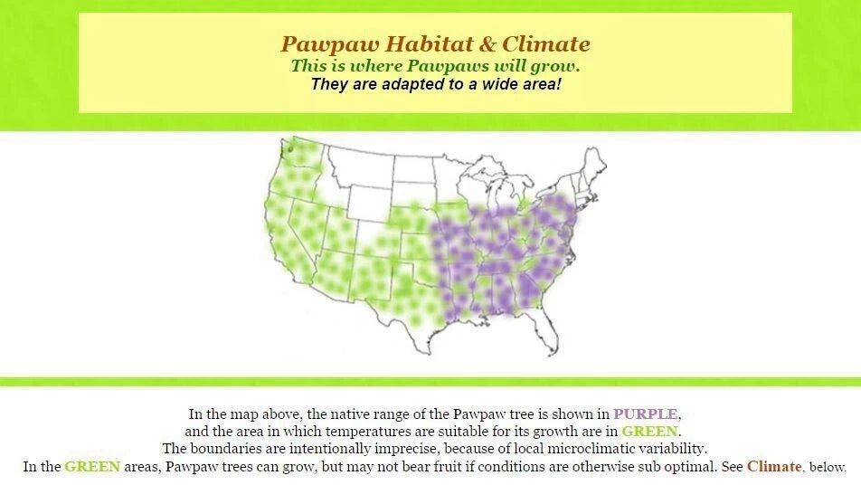 Map of the United States showing pawpaw tree habitat with color-coded regions.