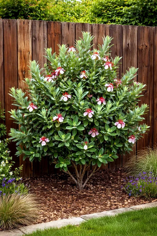 Pineapple Guava tree against wooden fence in border landscape. (Feijoa sellowiana)