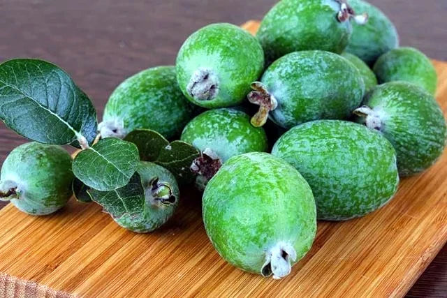 Green Pineapple guava fruit on wood cutting board with two green leaves. (Feijoa sellowiana)