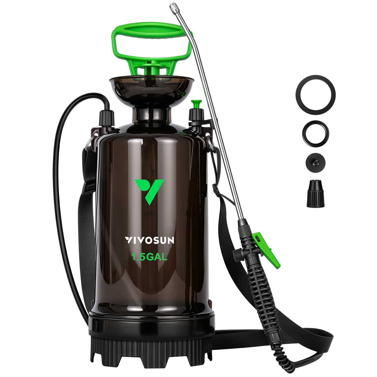A VIVOSUN 1.5-gallon backpack garden pump sprayer with a dark brown translucent tank, green handle and trigger, and black straps, shown on a white background with included nozzle attachments displayed to the right.