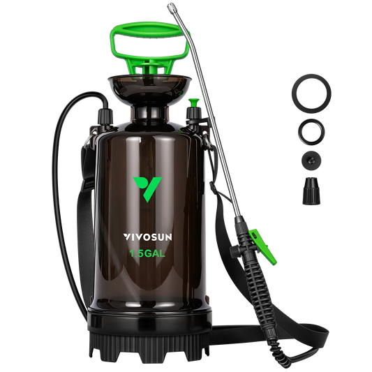A VIVOSUN 1.5-gallon backpack garden pump sprayer with a dark brown translucent tank, green handle and trigger, and black straps, shown on a white background with included nozzle attachments displayed to the right.