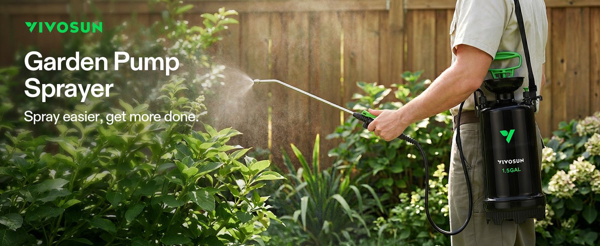 A person wearing a VIVOSUN garden pump sprayer sprays a garden with a wand sprayer. The black and green pump is worn on the back, and the scene is set in a garden with a wooden fence background.