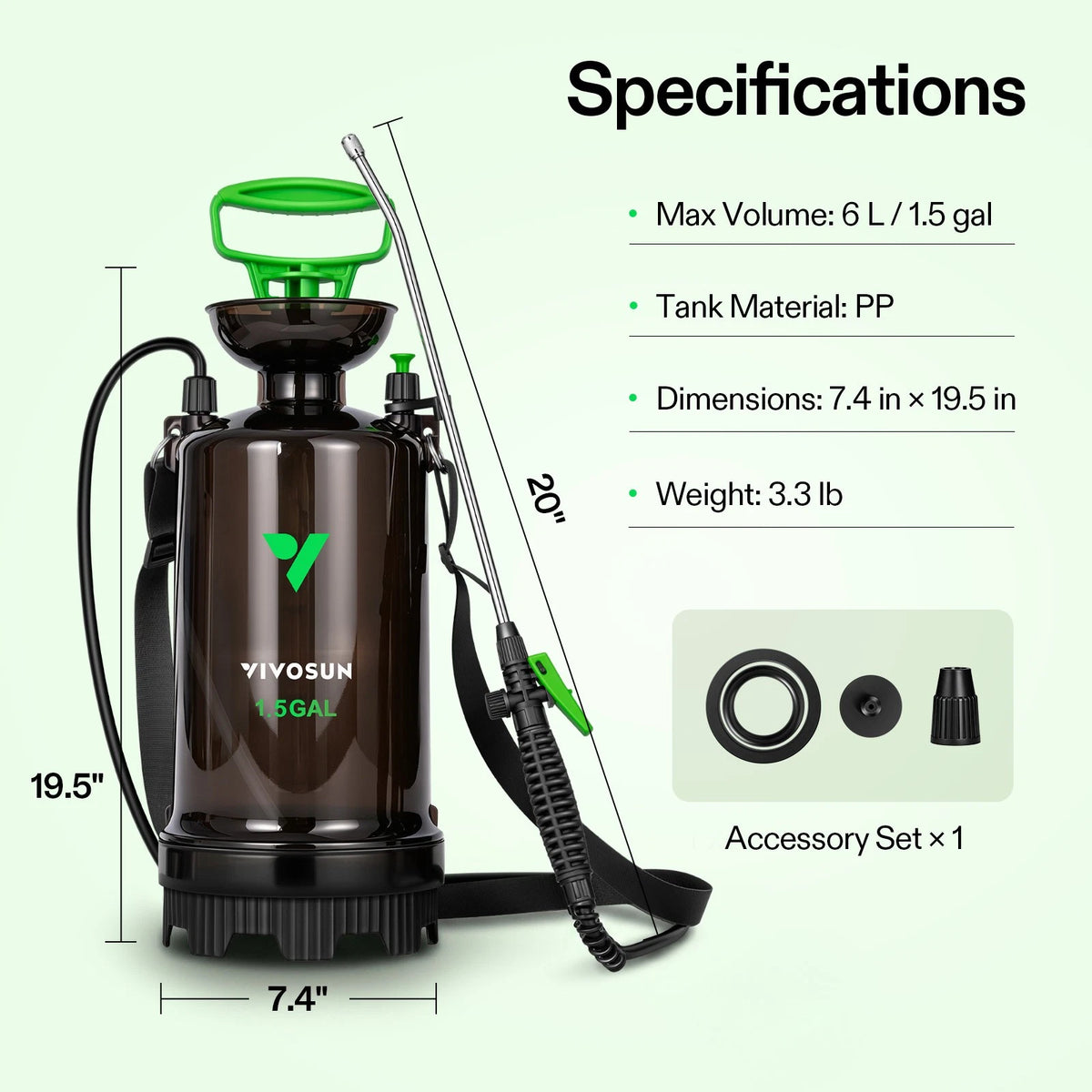 A VIVOSUN 6L backpack garden pump sprayer with a dark brown tank, green handle and nozzle accents, black base and straps, shown on a pale green background with printed specifications and accessory set details.
